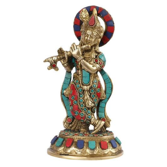 SVARUP Brass Gemstone Work Krishna Playing on Flute Sculpture Multicolor Standard, Pack of 1 Height 8.5 Inch - SvarupArt