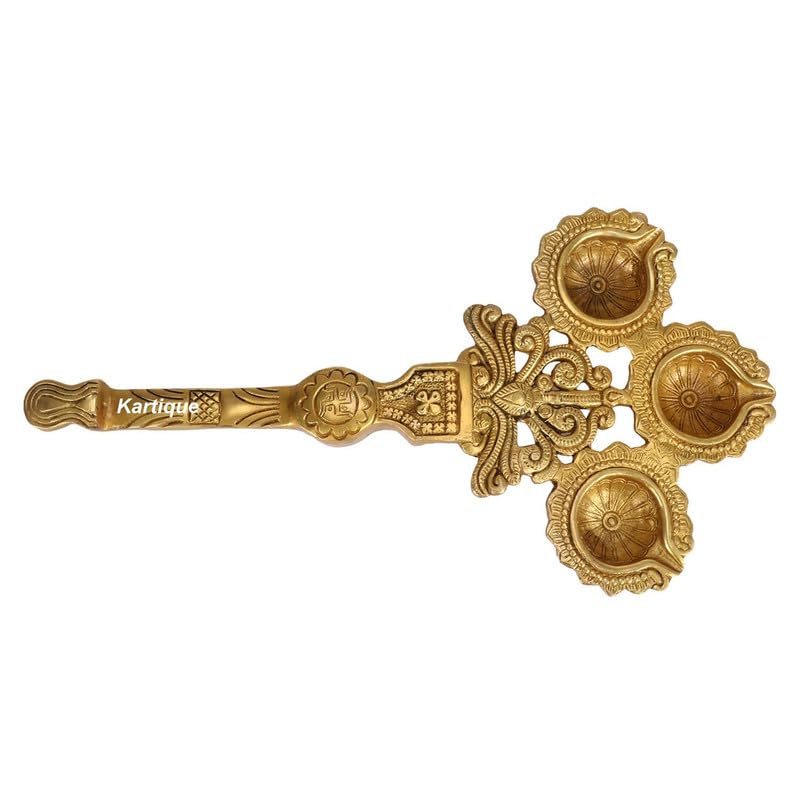 Brass Long Handle Aarti Diya: Ideal for Pooja, Camphor/Kapoor Burning, and Table Mandir Decor.
