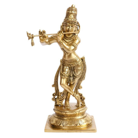 Brass Krishna Bhagwan Murti in Gold Color Height 10 Inch - SvarupArt
