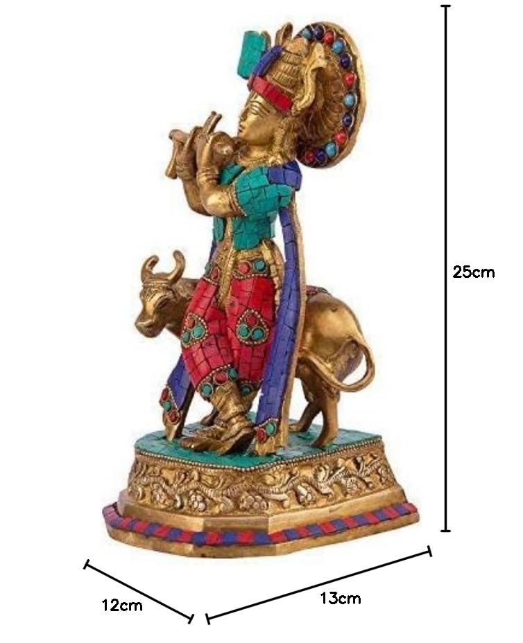 Brass Shri Krishna Idol with Cow Kishan Bhagwan Murti Lord Krishna Cow Statue with Flute Big Size Height 9.7 Inch - SvarupArt