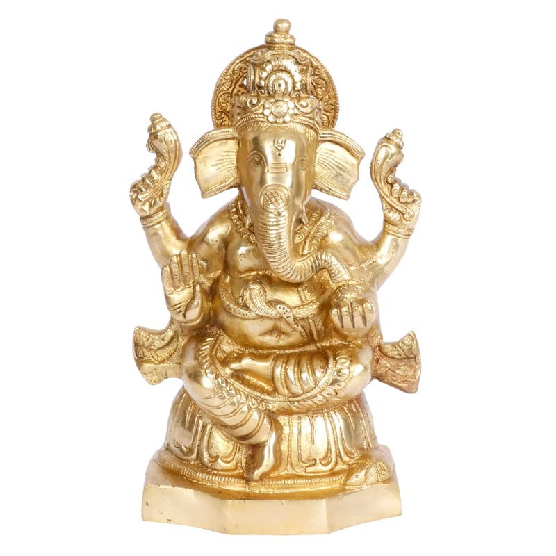 Brass Sitting Ganesha Idol In Gold Color Height 5.5 Inch Weight 1.5 Kg - SvarupArt