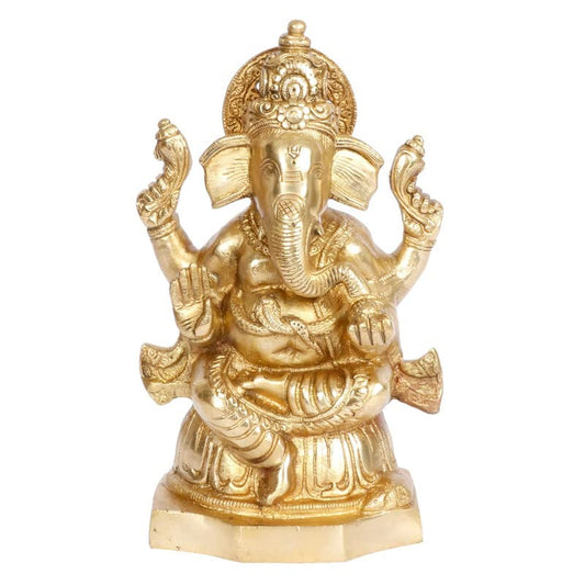Brass Sitting Ganesha Idol In Gold Color Height 5.5 Inch Weight 1.5 Kg - SvarupArt