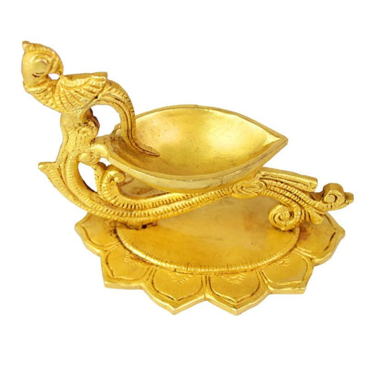 4 Inch Gold Color Brass Peacock Diya with Base: Small Size, Ideal for Home Temple Decor & Aarti - SvarupArt