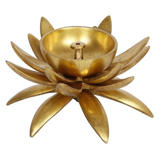 3 Inch Gold Color Brass Diya with Flower Petals: For Temple Aarti, Camphor Burn & Puja. Handheld Design. - SvarupArt