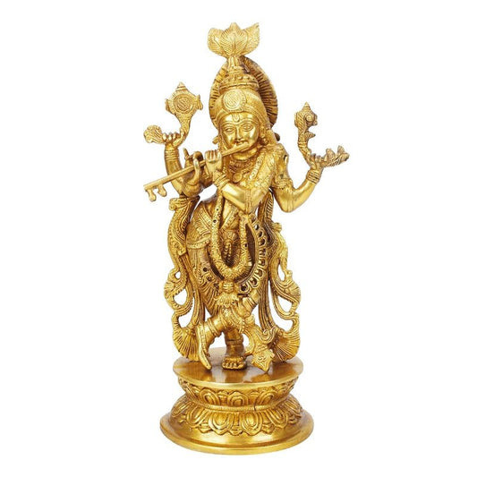 Brass Krishna Bhagwan Idol in Gold Color Height 12 Inch - SvarupArt