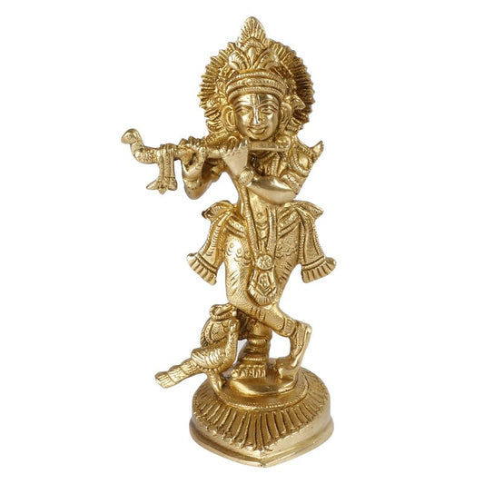Brass Krishna Murti with Peacock in Gold Color Height 6 Inch - SvarupArt