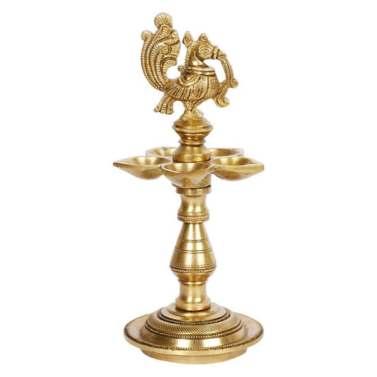 8 Inch Gold Color Brass Peacock Diya with Stand: Ideal for Home Decoration in the Pooja Room or Mandir - SvarupArt