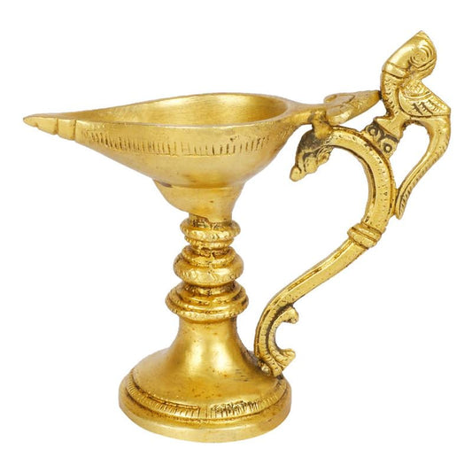 5.5 Inch Gold Color Brass Peacock Diya with Round Base: For Temple Aarti, Camphor Burn & Table Mandir Handheld. - SvarupArt