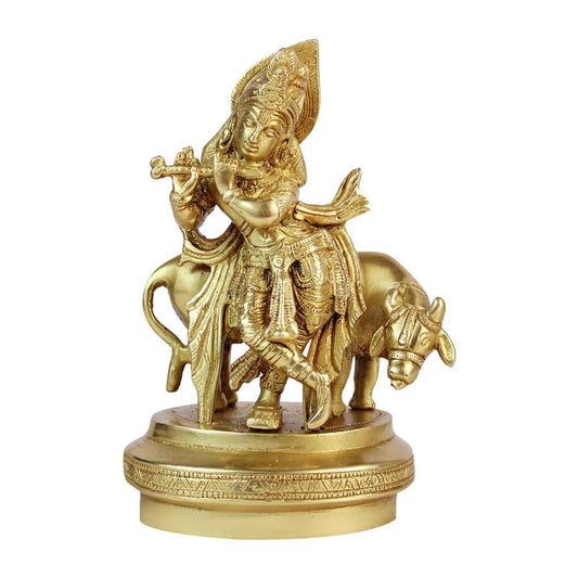 Brass Krishna Idol with Cow Statue Decorative Showpiece for Home Puja Room Living Room Temple Decoration and Gift Item - SvarupArt