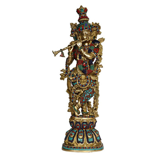 Brass Krishna Murti in Multicolor Height 29 Inch - SvarupArt
