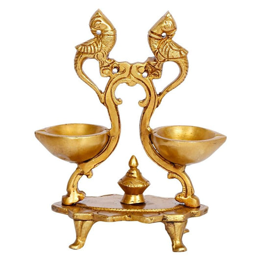 6.5 Inch Gold Color Brass Peacock Oil Lamp Diya: A Two-in-One Deepam for Home Decor in a beautiful Gold Color color - SvarupArt