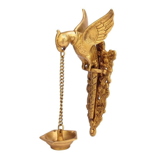 Brass Metal Diya for Home Entrance Decor Puja Room Parrot Hanging Chain Oil Lamp Wall Deepak Showpiece - SvarupArt