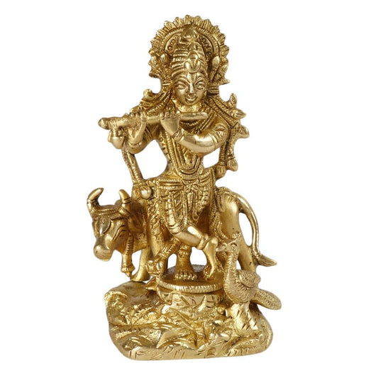 Brass Krishna Bhagwan Idol with Gau Mata in Gold Color Height 4.75 Inch - SvarupArt