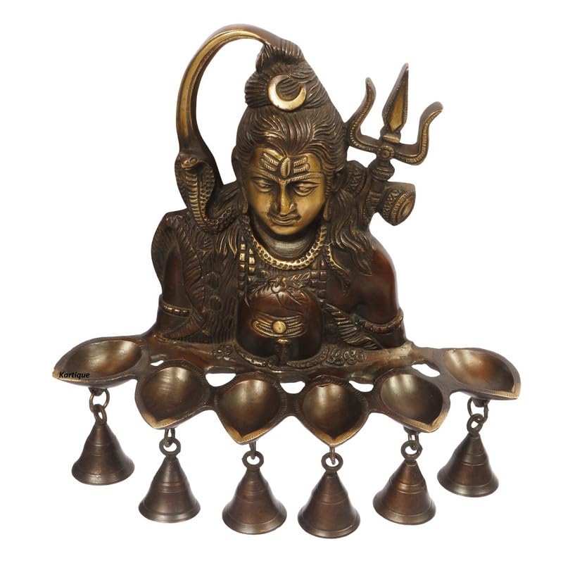 12 Inch Brass Shiva Statue with Diyas and Bells: Antique Bronze Decor - SvarupArt