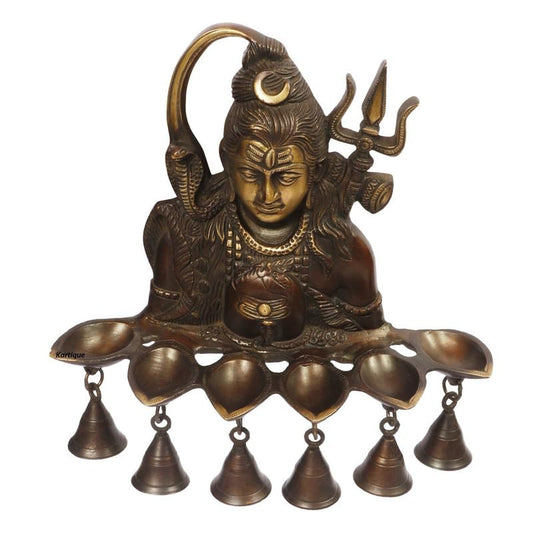 12 Inch Brass Shiva Statue with Diyas and Bells: Antique Bronze Decor - SvarupArt