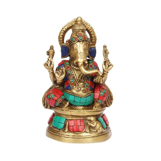 Brass Sitting Ganesha Idol for Mandir in Multicolor for Living Room Height 5.5 Inch Weight 1.4 Kg - SvarupArt