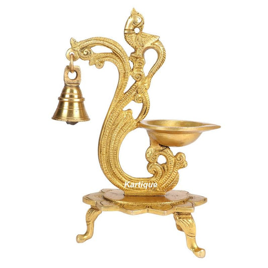 Brass Bell Diya for Puja Room Peacock-Theme Designer Deepak Deepam Lotus Stand Home Decor Decorative Showpiece Return gift - SvarupArt