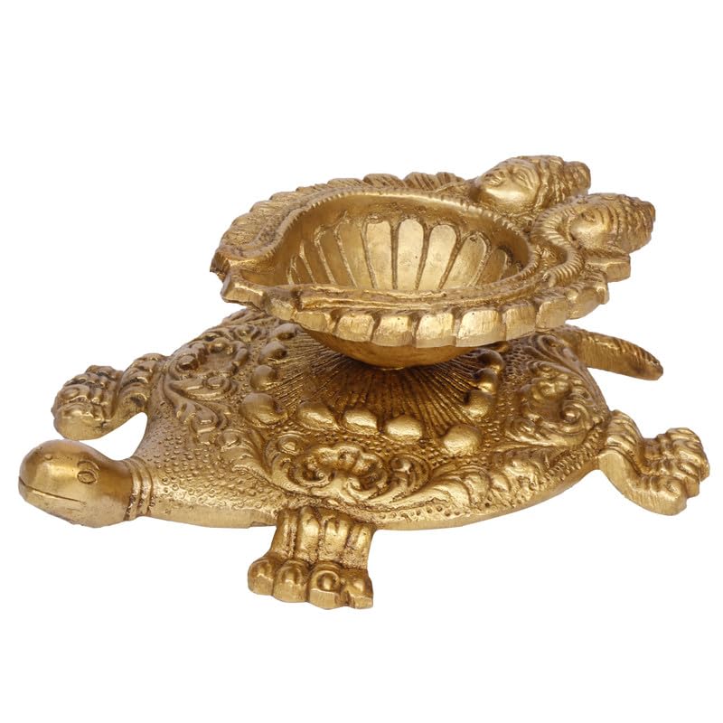 2 Inch Gold Color Brass Diya Tortoise with Laxmi Ganesh: Vastu Kachua Designer Deepak Deepam for Home Decor - SvarupArt