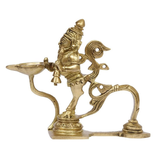 4.5 Inch Gold Color Brass Brahma Aarti Deepak with Handle: Can be used as Camphor Burner, Handheld Arti Diya for Puja. - SvarupArt