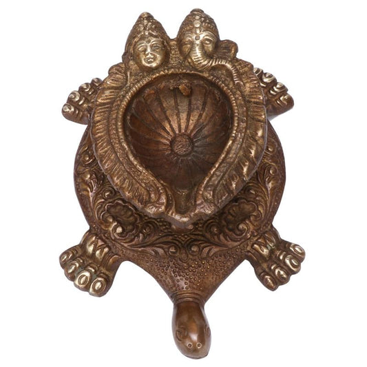 6 Inch Bronze Brass Diya Tortoise with Laxmi Ganesh Face: Vastu Kachua Designer Deepak Deepam, Home Decor - SvarupArt
