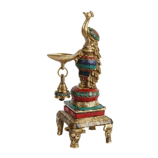 Brass Peacock Decorative Diya with Multicolor Stone Chip Design: Ideal for Home Mandir Decor, featuring colorful stones - SvarupArt