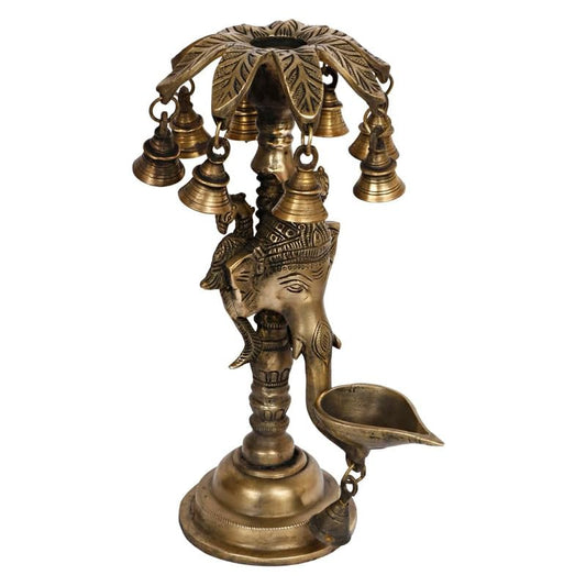 12 Inch Antique Gold Color Handcrafted Brass Ganesha Diya: For Spiritual Illumination. - SvarupArt
