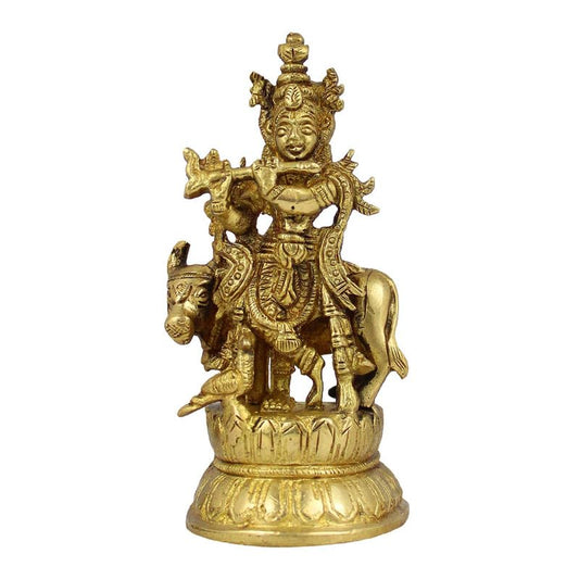 Brass Krishna Bhagwan Idol with Gau Mata in Gold Color Height 4.5 Inch - SvarupArt