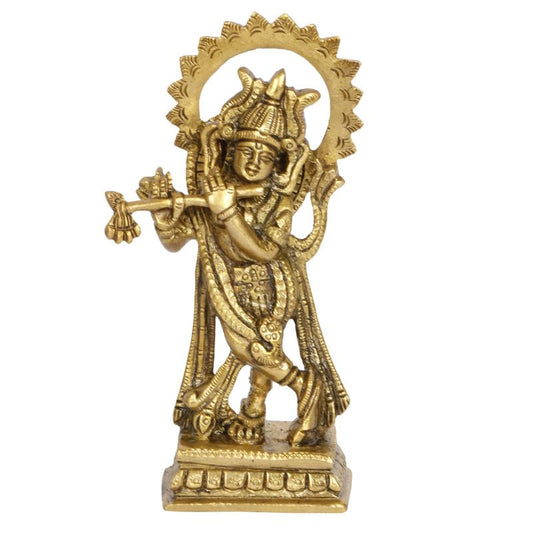 Brass Metal Lord Krishna Idol God of Love Playing Flute Height 4.75-Inch - SvarupArt