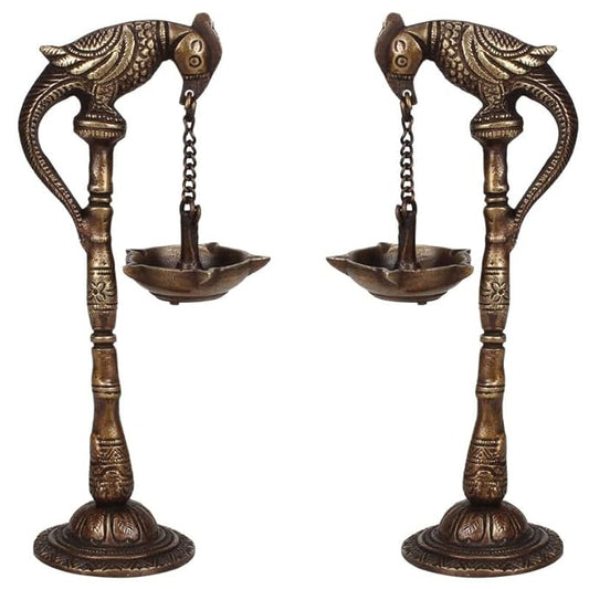 Antique Brass Diya with Parrot Design: Ideal for Traditional Puja Rooms. - SvarupArt