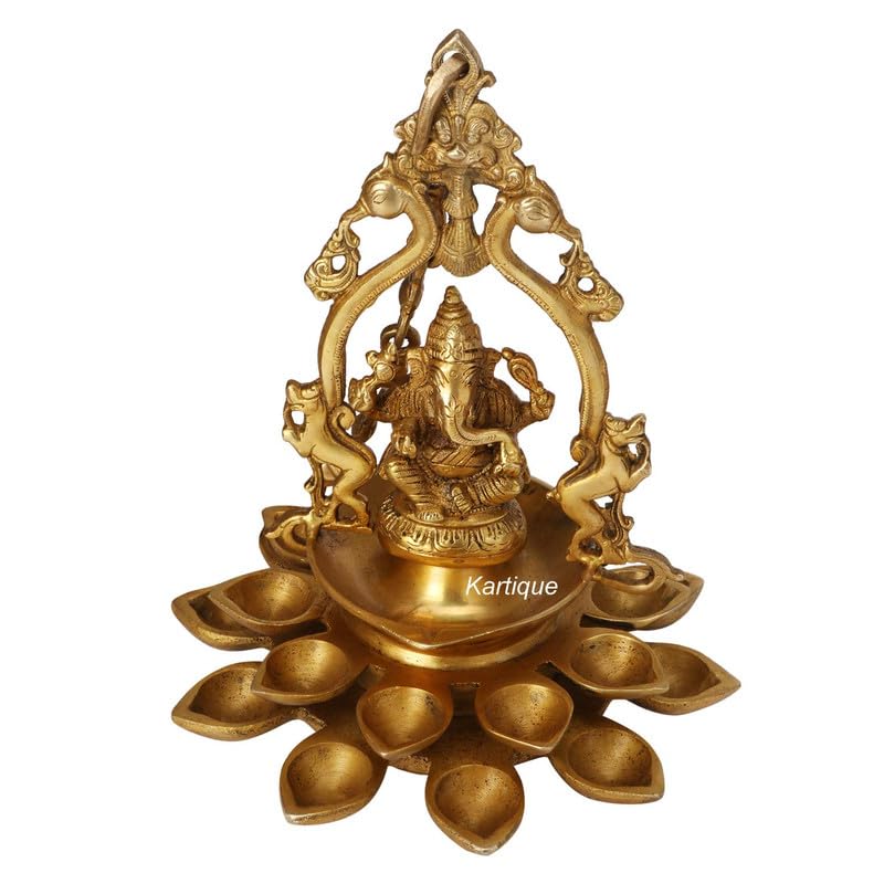 Brass Lord Ganesh Idol with Multi Diya: Home Entrance Decor, Diwali Gift - SvarupArt
