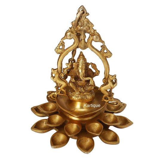 Brass Lord Ganesh Idol with Multi Diya: Home Entrance Decor, Diwali Gift - SvarupArt