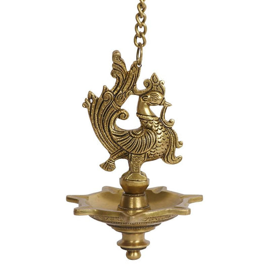 29 Inch Gold Color Brass Peacock Wall Diya with Chain: Ideal for Home Entrance, Mandir & Temple - SvarupArt