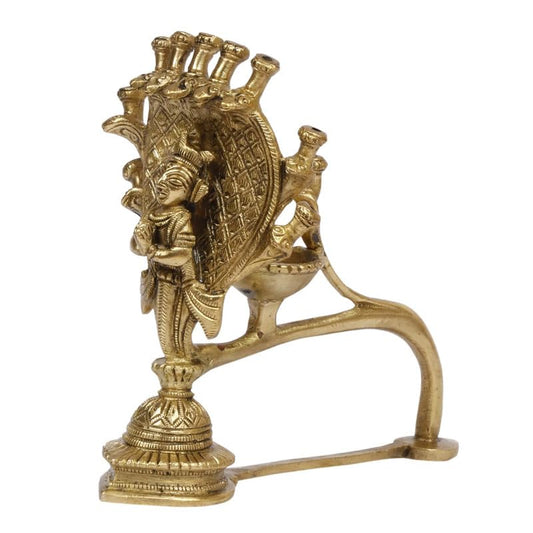 5.5 Inch Gold Color Brass Naag Aarti Deepak with Handle: Can be used as Camphor Burner and Hand Held Arti Diya for Puja - SvarupArt