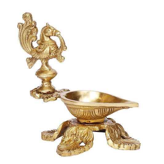 5.5 Inch Small Gold Color Brass Peacock Design Oil Diya with Base: Ideal for Home Temple Aarti and Decor - SvarupArt