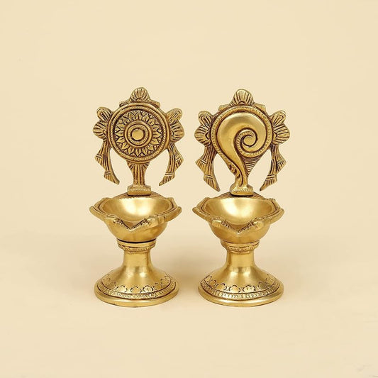 5.75 Inch Gold Color Brass Shankh Chakra Oil Lamp Diya Deepam: Ideal for Temple Aarti - SvarupArt