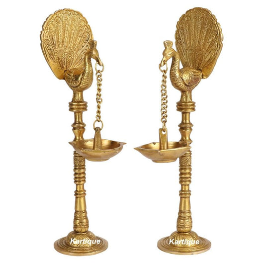 Brass Peacock Diya Set: Home Decor, Pooja, Diwali Gift, Gold Color Color, Multicolor Stones - SvarupArt