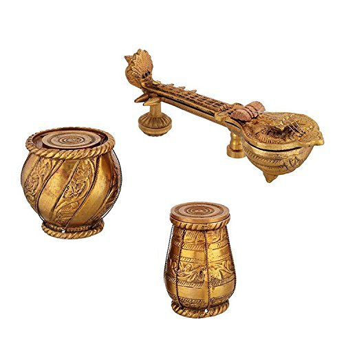 Brass Sitar Tabla Dugi Set, Sarangi Musical Instrument Indian Classical Music Set Showpiece decor Gift, Gold Color) - SvarupArt
