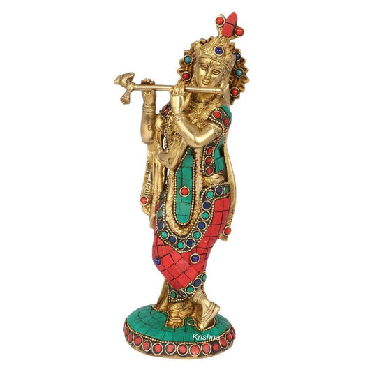 Brass Krishna Playing Flute Antique Gold Statue in Multicolor for Home Decor - SvarupArt