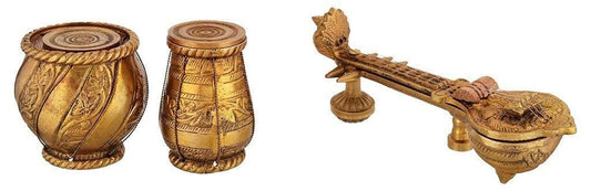 Brass Sitar Tabla Dugi Set, Sarangi Musical Instrument Indian Classical Music Set Showpiece decor Gift, Gold Color) - SvarupArt