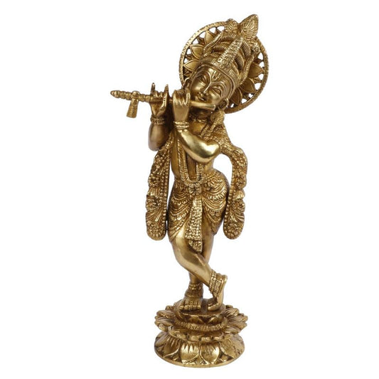 Brass Krishan Bhagwan Murti in Gold Color Height 12 Inch - SvarupArt