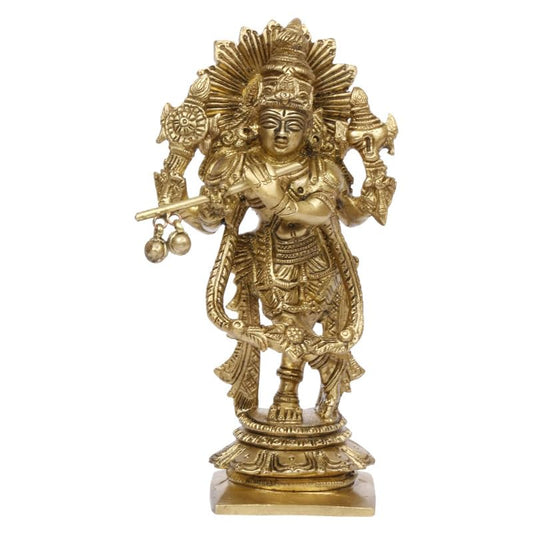 Brass Idol of Krishna with Flute in Hand Gold Color 5.5 Inch Height - SvarupArt