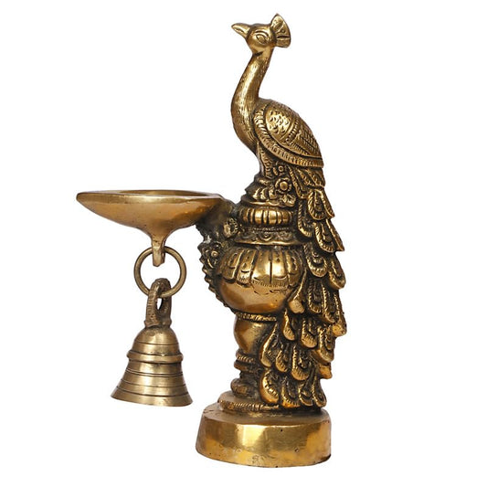 6.5 Inch Antique Brown Brass Peacock Decorative Diya with Traditional Bell: Perfect for Table Decor, Home, Diwali Gift - SvarupArt