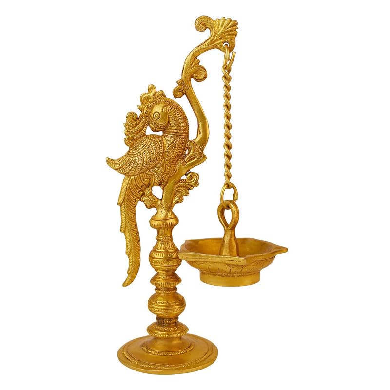 9 Inch Gold Color Brass Parrot Diya with Long Chain: Small Size, Ideal for Home Temple