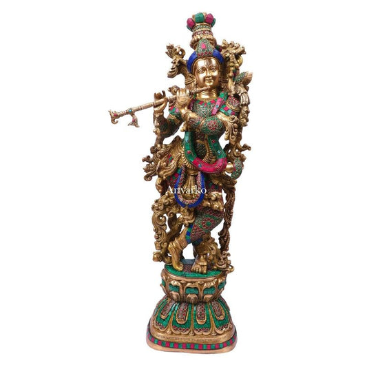 Brass Krishna Standing Murti in Multicolor Height 29 Inch - SvarupArt