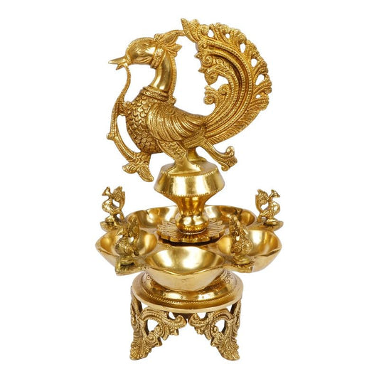 12 Inch Gold Color Brass Peacock Diya: Perfect for Home Temple Aarti, Camphor Burn, and Table Mandir - SvarupArt