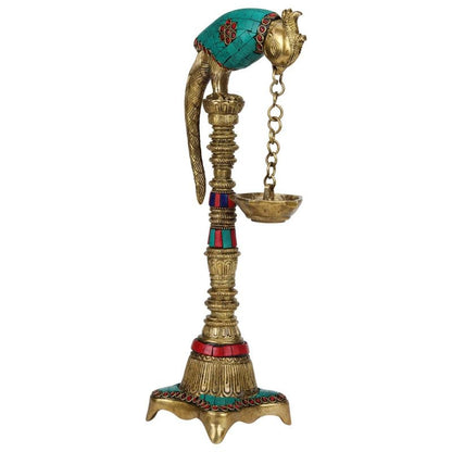 1-Foot High Brass Parrot Diya with Colored Stone: Ideal for Puja Room & Feng Shui Gift - SvarupArt