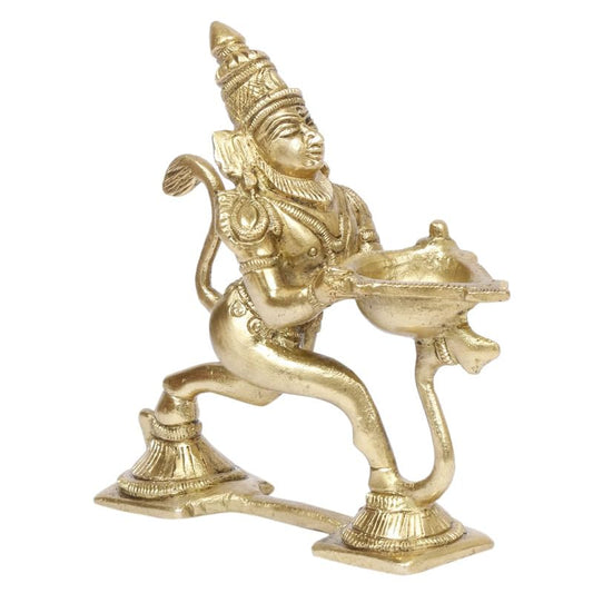 4.5 Inch Gold Color Brass Hanuman Ji Aarti Deepak with Handle: Can be used as Camphor Burner and Hand Held Arti Diya - SvarupArt