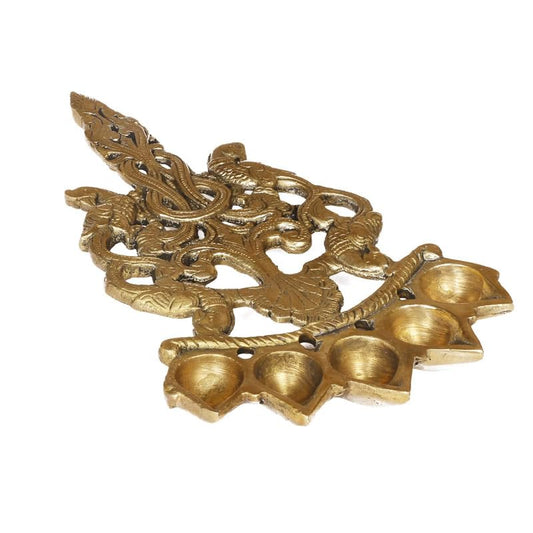 10 Inch Gold Color Brass Long Handle Panch Arti Oil Lamp Diya: Ideal for Temple Aarti - SvarupArt