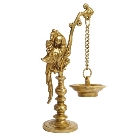 8.5 Inch Gold Color Brass Peacock Diya with Stand: Perfect for Home Decoration in the Pooja Room or Mandir - SvarupArt