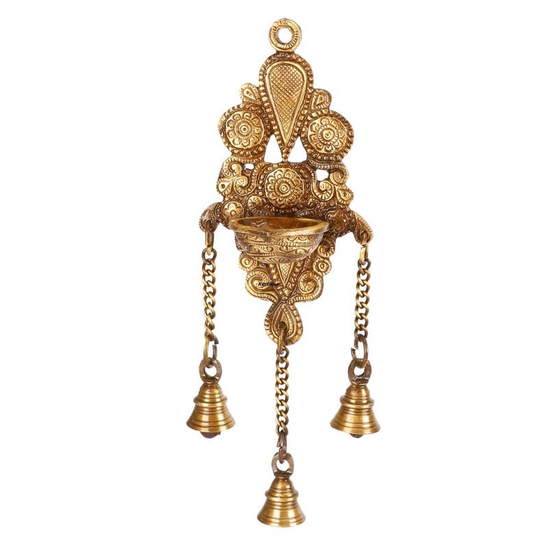 10 Inch Gold Color Brass Diya with 3 Bells on Chain: Designer Wall Decor & Gift for Home/Office. - SvarupArt